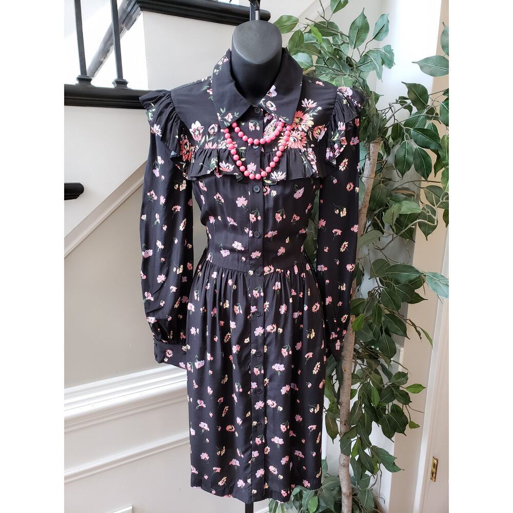 Jill Stuart Shirt Dress Women XS Black Floral Ruffle Pleated Collar Button Front - Picture 3 of 13
